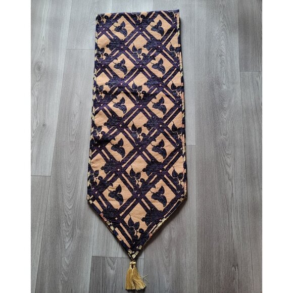 Vintage Floral Tapestry Table Runner With Gold Tassels 72" Long Beige & Navy Blu - Picture 1 of 7